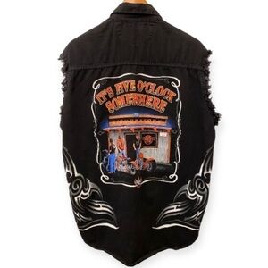 Biker Bar Vest XL Drinking It’s 5:00 Somewhere Frayed Black Lightweight Twill